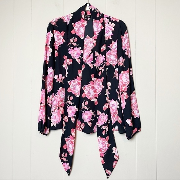 J. Crew Tie‎ Neck Long Sleeve Top XS black pink floral rose popover blouse flowy - Picture 6 of 12